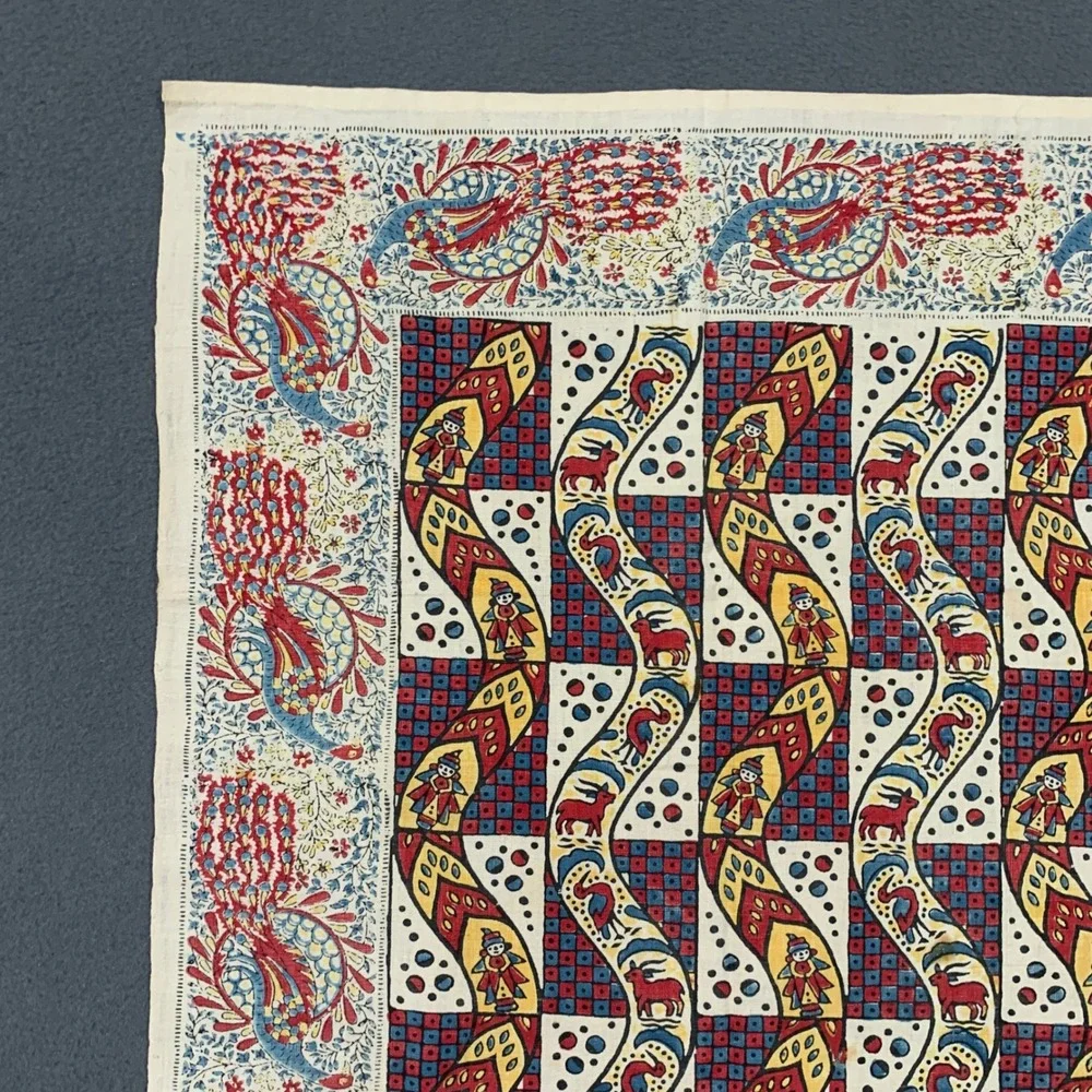 Unbranded Kalamkari Block Print Scarf Unisex OS Peacocks Folk Art Boho Cream Red